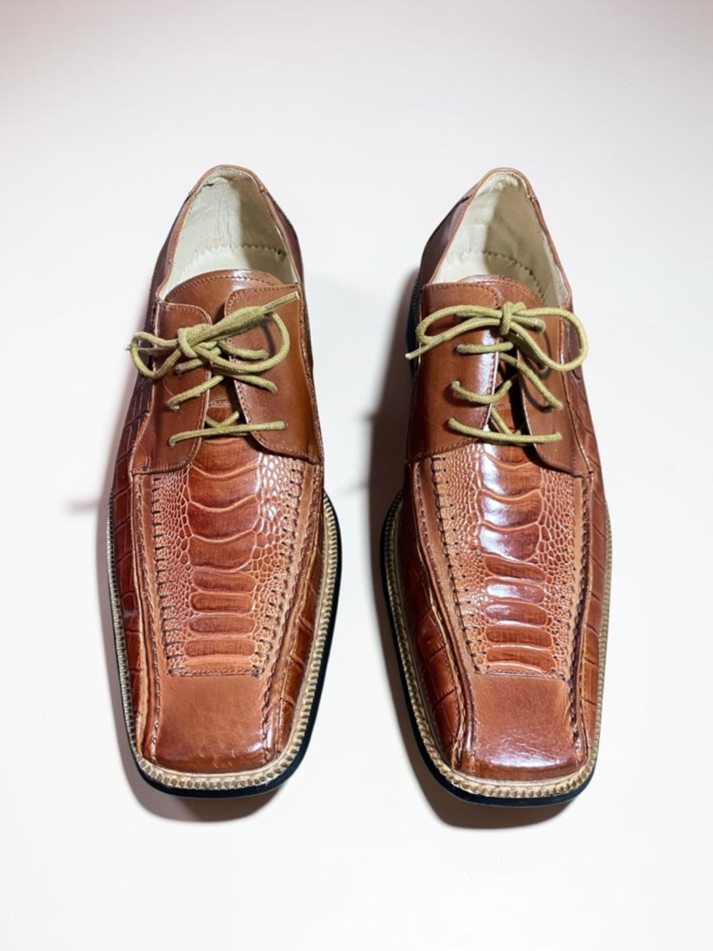 Stacy Adams Brown Cognac Croc Embossed Leather Oxford Shoes Mens 9.5M Square Toe - Picture 2 of 12